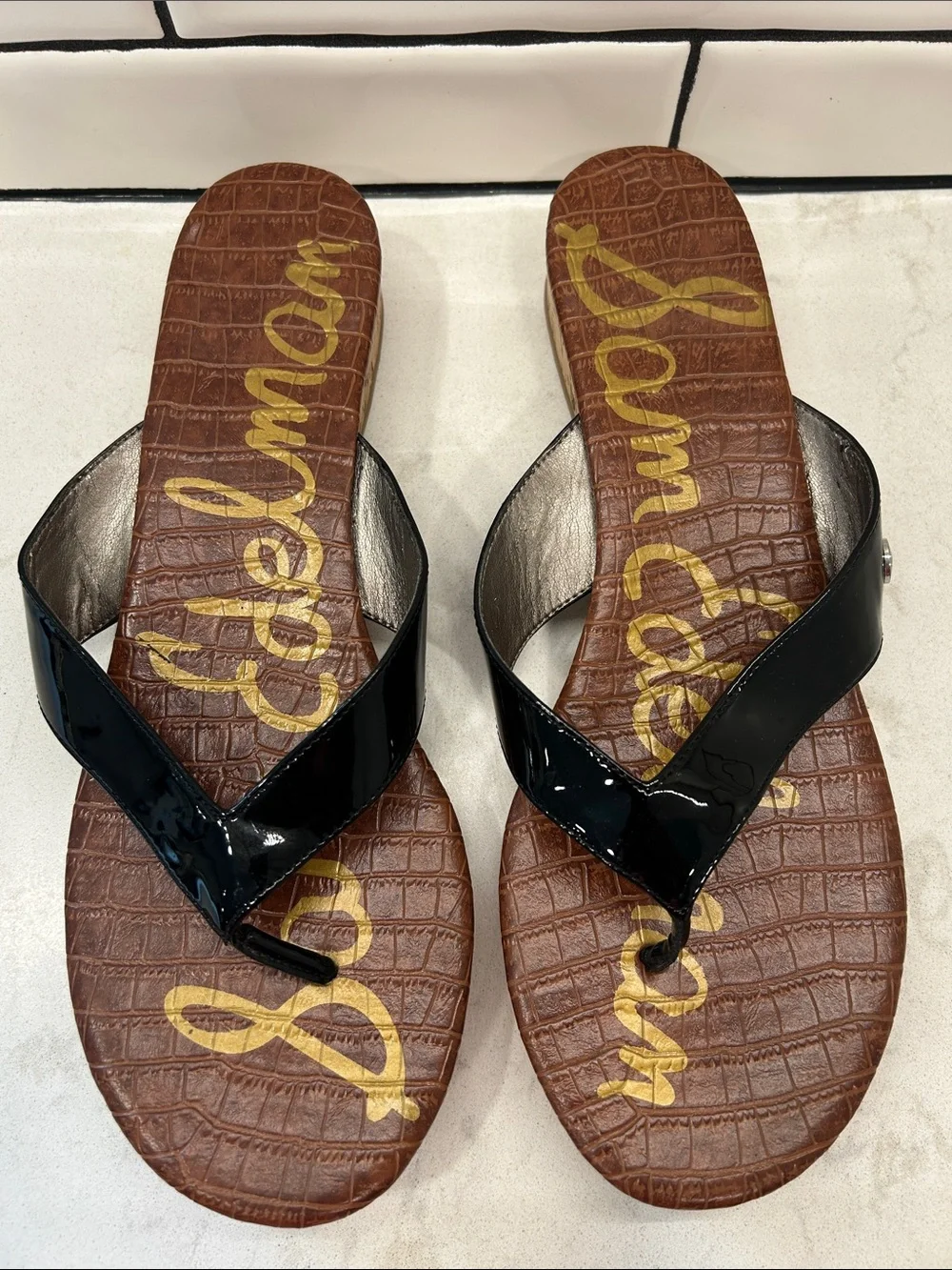 Sam Edelman Women’s Tanya Cork Wedge Sandals Black Patent Leather SlipOn 12 M